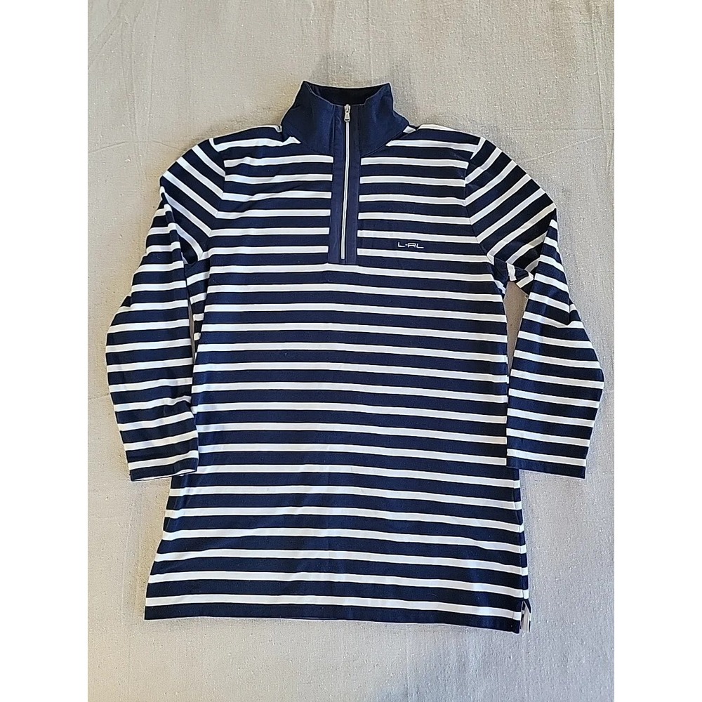 LRL Ralph Lauren Sweater Women L‎ 1/4 Zip Blue Stripe Casual Lightweight Stretch